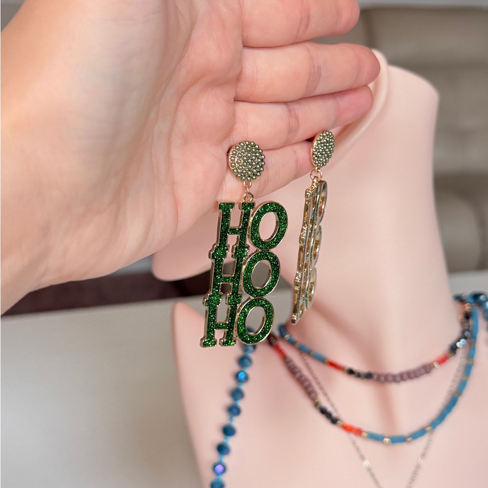 Green 'HO HO HO' Glitter Drop Earrings - Picture 9 of 9